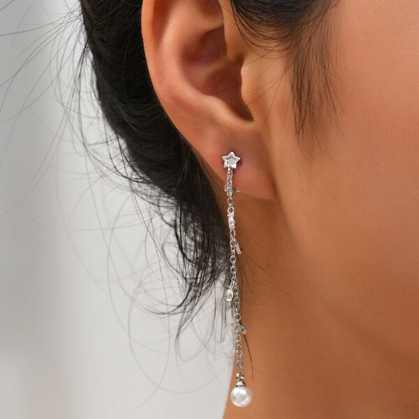 

Faux Pearl Decor Drop Earrings, Silver