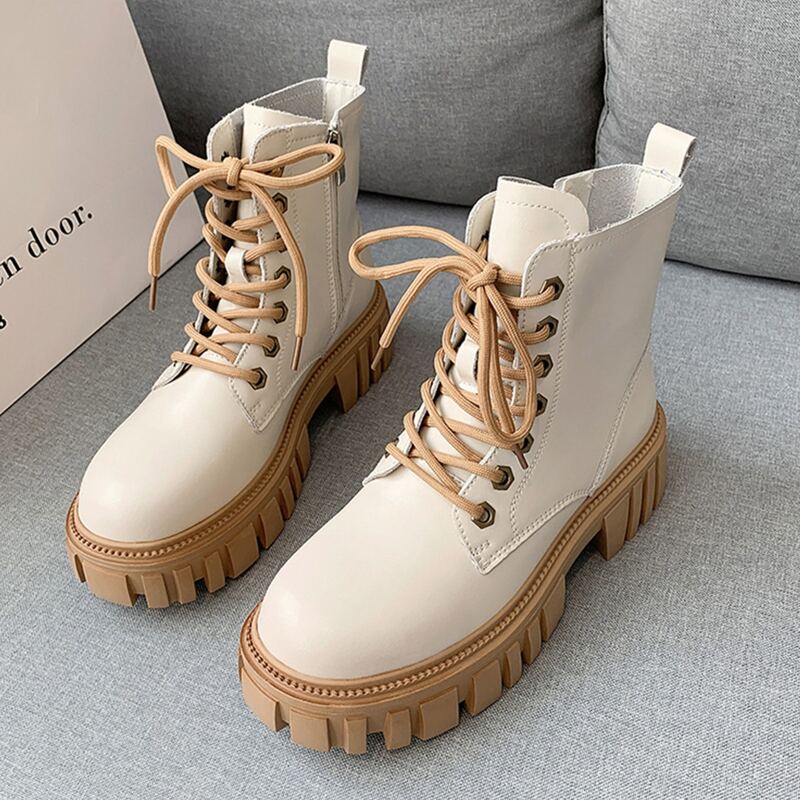

Two Tone Lace Up Front Combat Boots, Beige
