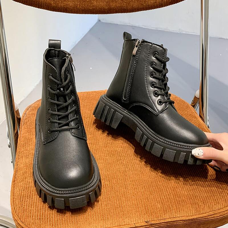 

Side Zip Lace Up Front Combat Boots, Black