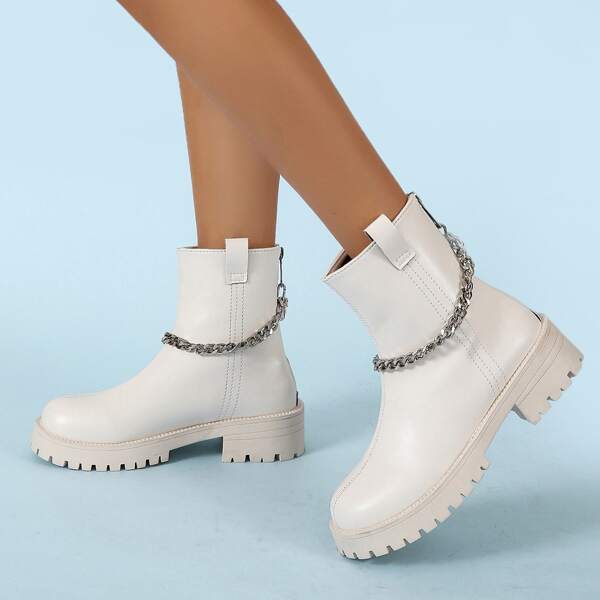 

Chain Decor Mid Calf Boots, Beige