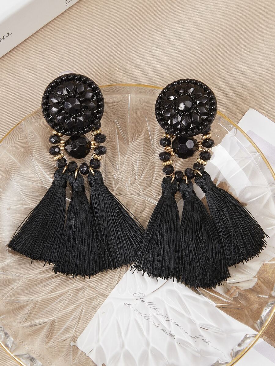 Tassel Decor Drop Earrings - Black - View 1
