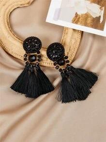 Tassel Decor Drop Earrings - Black - View 2