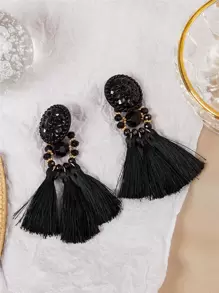 Tassel Decor Drop Earrings - Black - View 4
