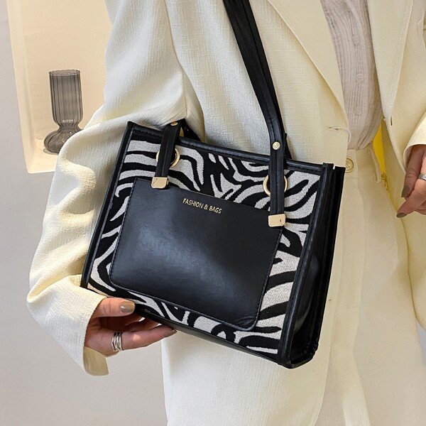 

Zebra Striped Pattern Shoulder Bag, Black