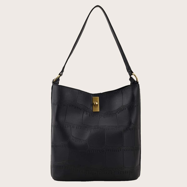 

Croc Embossed Turn-lock Shoulder Bag With Inner Pouch, Black