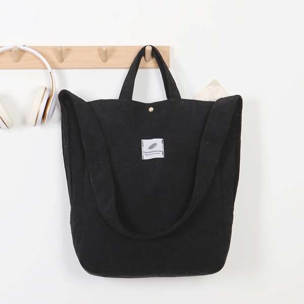 

Letter Patch Corduroy Tote Bag, Black