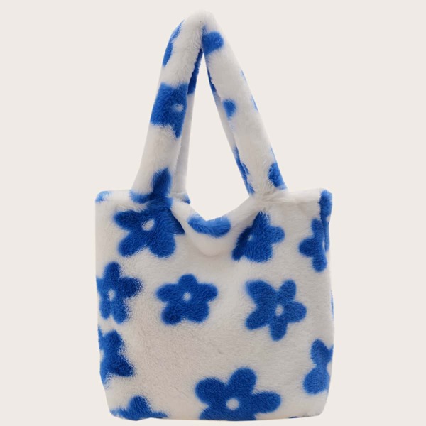 

Floral Graphic Fluffy Shoulder Tote Bag, Blue and white