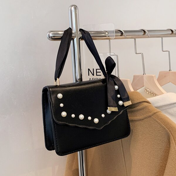 

Faux Pearl Decor Flap Satchel Bag, Black
