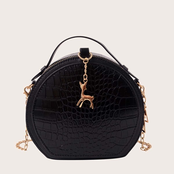 

Metal Deer Decor Croc Embossed Satchel Bag, Black