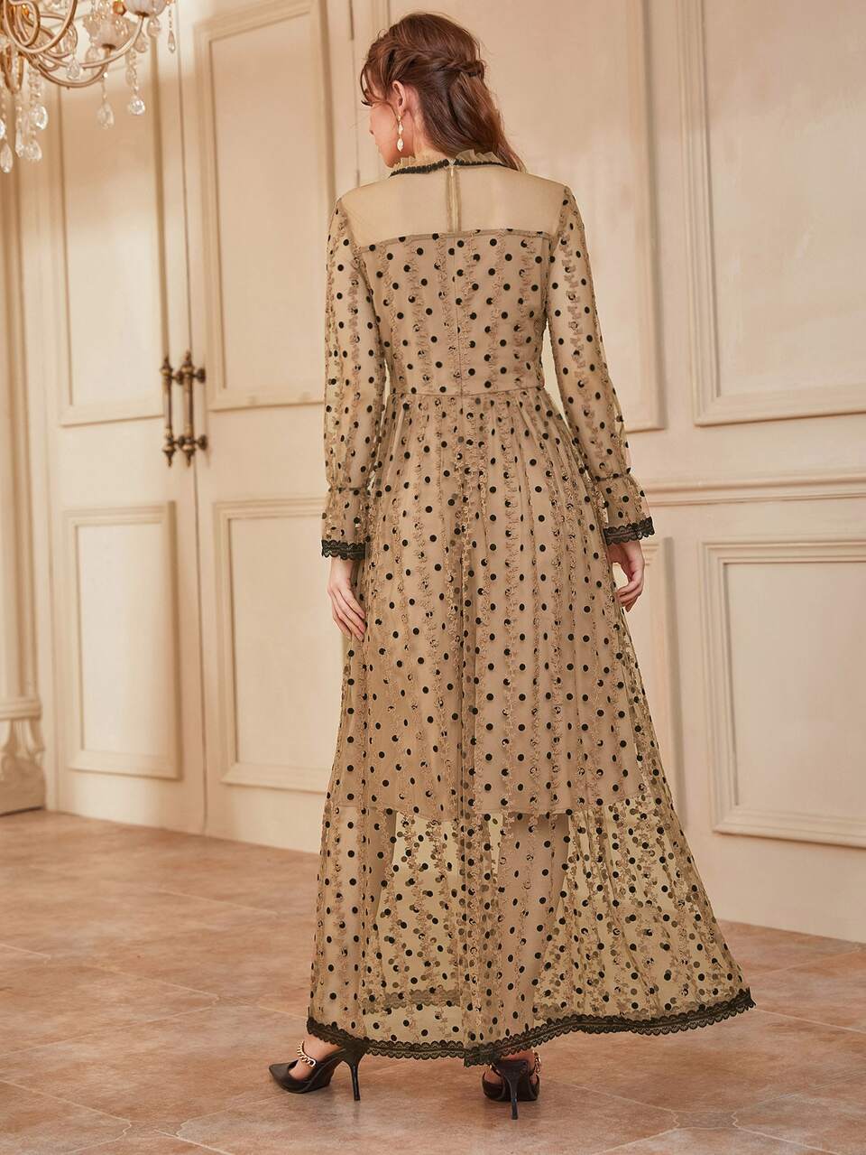 Polka Dot Lace Trim Flounce Sleeve Fuzzy Mesh Dress