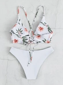 Plant Print Bikini For Summer Beach - White - View 3
