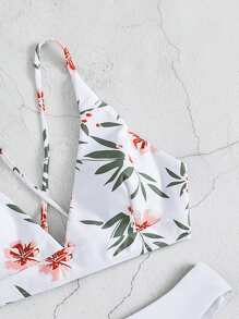 Plant Print Bikini For Summer Beach - White - View 5
