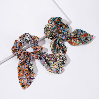 2pcs Floral Print Scarf Hair Tie