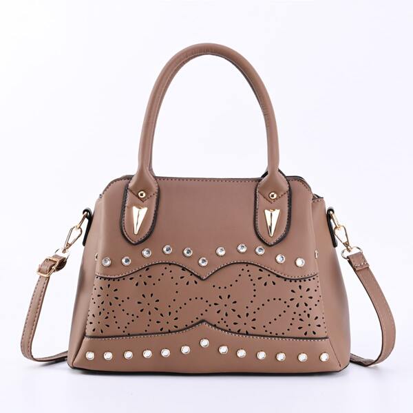 

Rhinestone Decor Hollow Out Tote Bag, Khaki