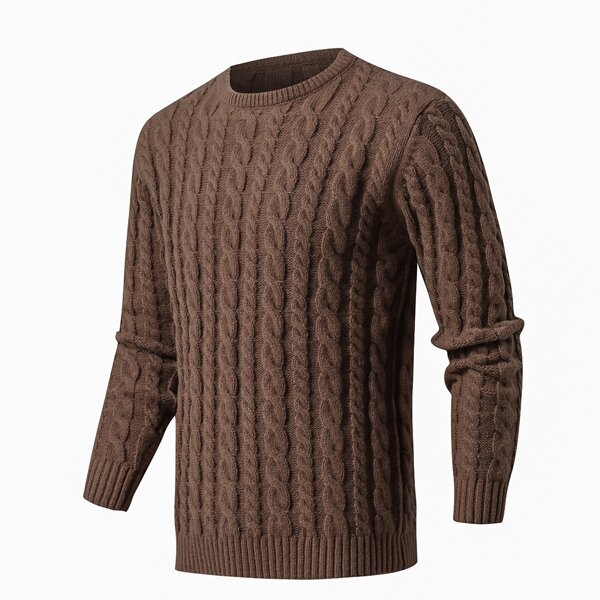

Men Solid Cable Knit Sweater, Chocolate brown