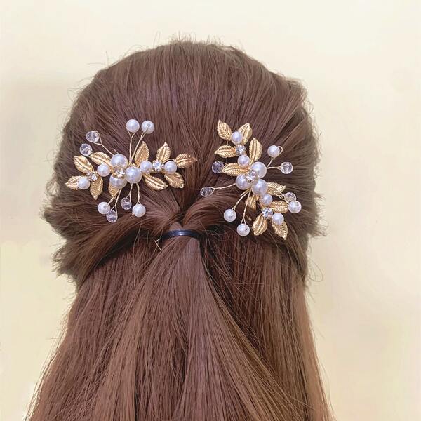 

2pcs Faux Pearl Hair Pin, Gold
