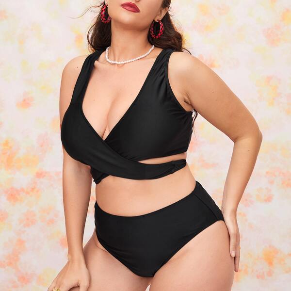 

3pack Plus Solid High Waisted Bikini Swimsuit & Cover Up, Black