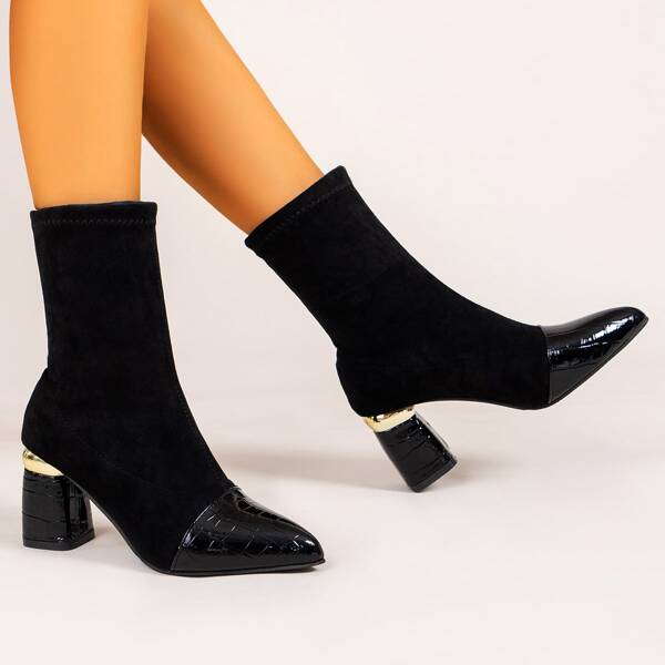 

Solid Croc Embossed Slip-In Chunky Boots, Black