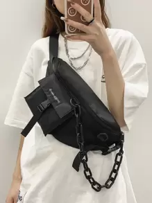 Buckle & Chain Decor Fanny Pack - Black - View 1