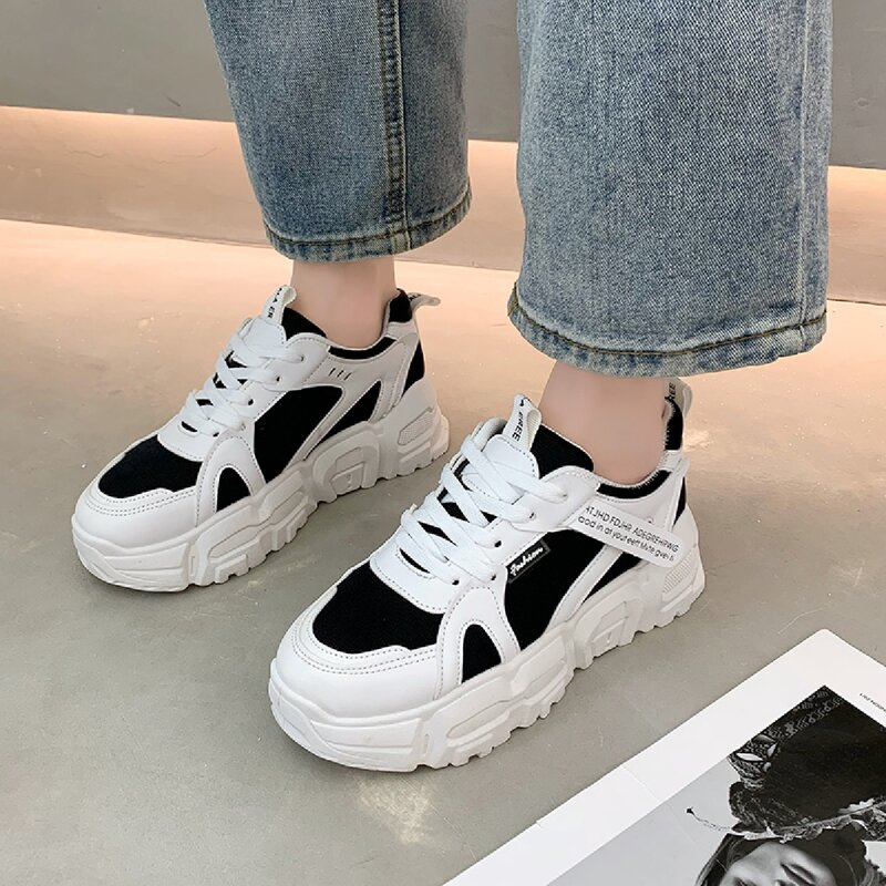 

Colorblock Lace Up Front Chunky Sneakers, Black and white