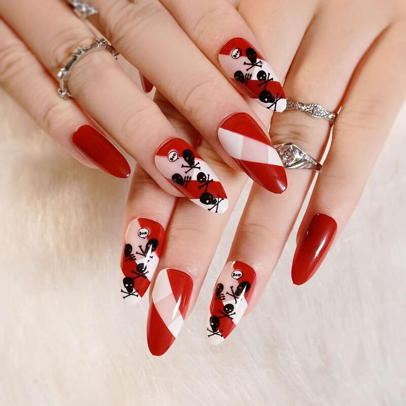 

24pcs Halloween Skeleton Pattern Fake Nail, Red