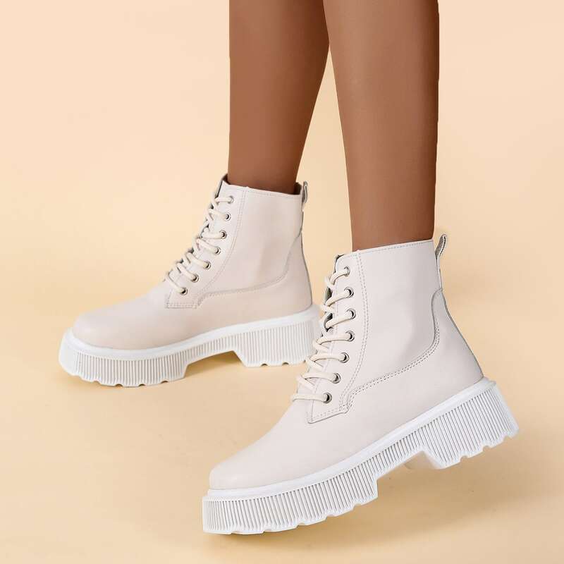 

Lace Up Front Platform Boots, Beige