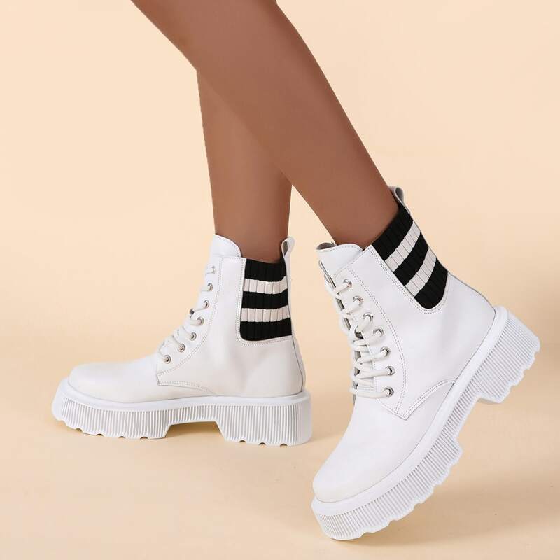 

Lace Up Front Striped Boots, Black and white