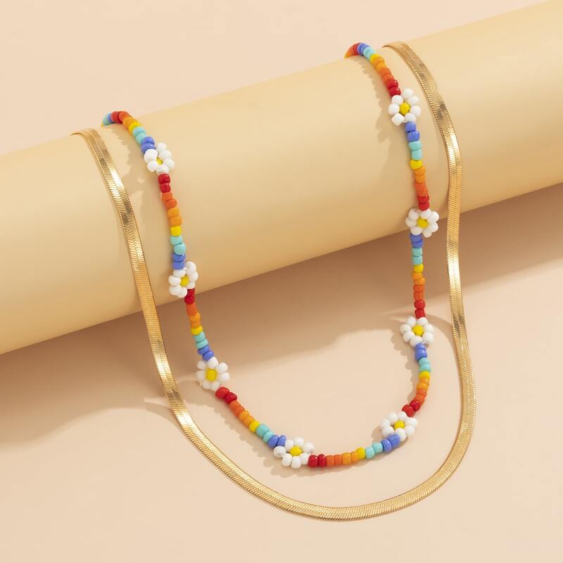 

2pcs Floral Beaded Necklace, Multicolor