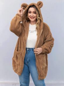 SHEIN Essnce Plus Dual Pocket 3D Ear Patched Hooded Teddy Jacket, For Winter Fall Autumn - Mocha Brown - View 1
