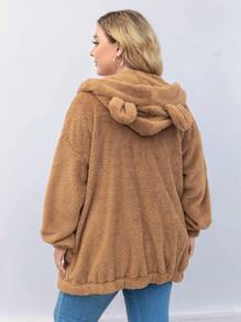 SHEIN Essnce Plus Dual Pocket 3D Ear Patched Hooded Teddy Jacket, For Winter Fall Autumn - Mocha Brown - View 2