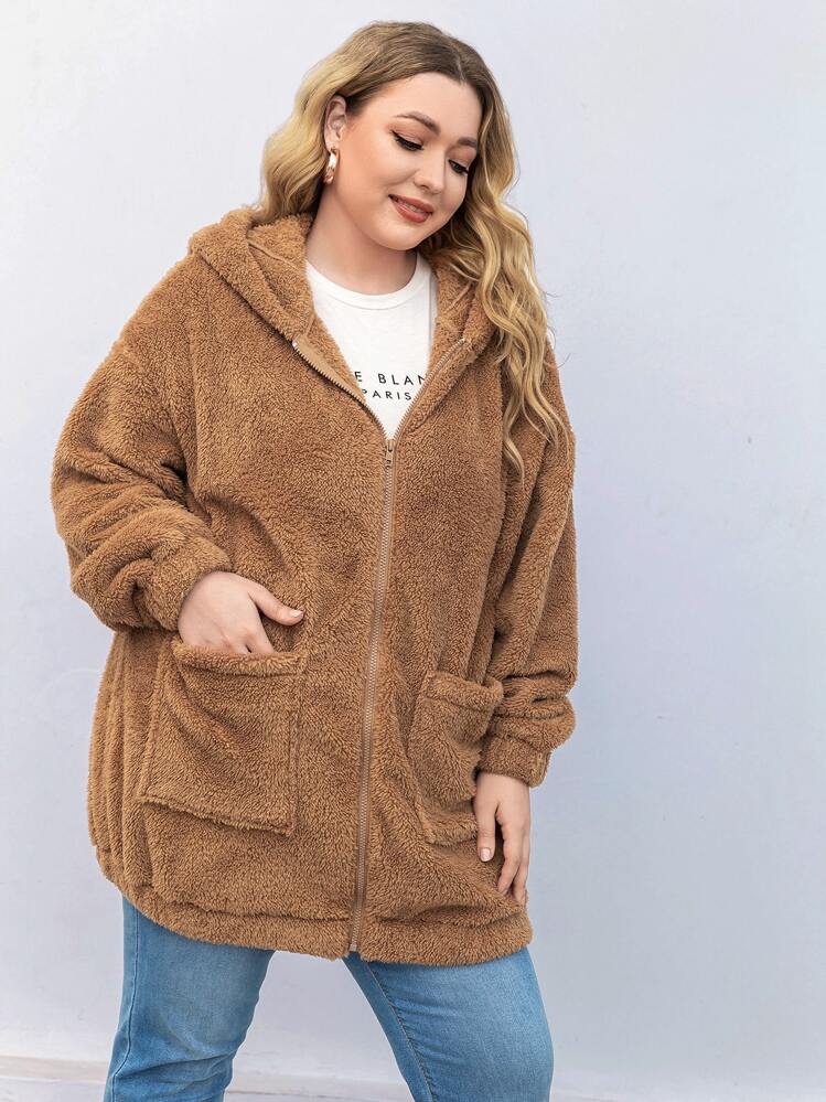 SHEIN Essnce Áo khoác trùm đầu Teddy 3D vá tai túi đôi Plus, cho mùa đông - Màu nâu  Mocha - Xem 3