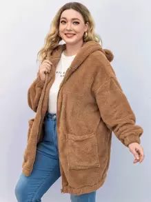 SHEIN Essnce Plus Dual Pocket 3D Ear Patched Hooded Teddy Jacket, For Winter Fall Autumn - Mocha Brown - View 4