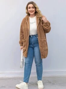 SHEIN Essnce Plus Dual Pocket 3D Ear Patched Hooded Teddy Jacket, For Winter Fall Autumn - Mocha Brown - View 5