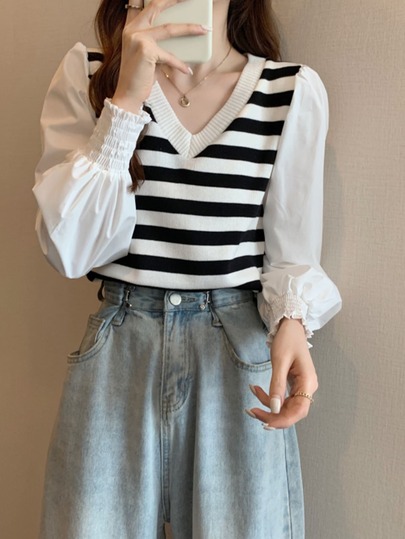 Honeyspot コントラストストライプ ビショップスリーブ トップス