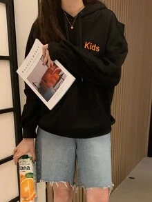 Hoodie Bahu Jatuh dengan Bordir Huruf - Hitam - View 3