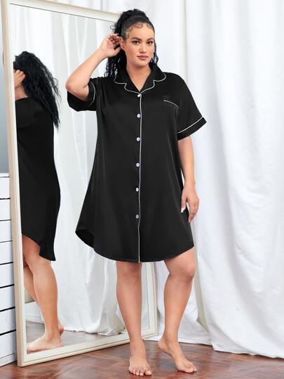 LuxeNights 加大口袋贴片纽扣对比滚边缎面睡衣睡裙