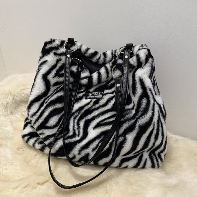 

Zebra Striped Shoulder Tote Bag, Black and white