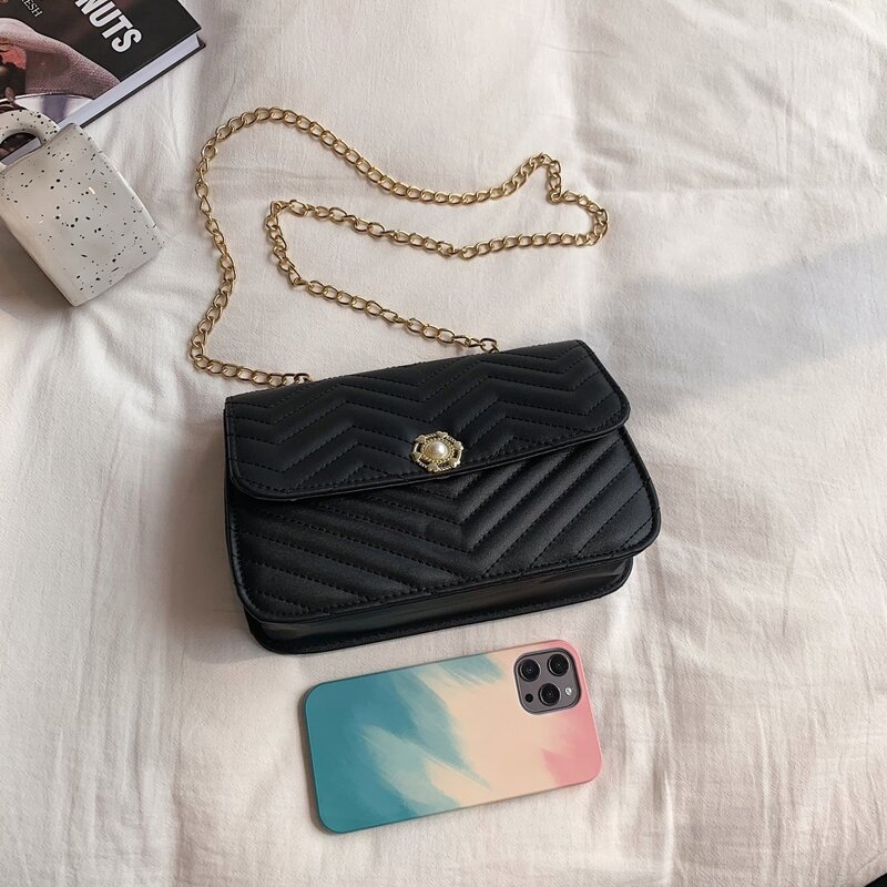 

Faux Pearl Decor Quilted Crossbody Bag, Black