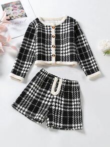 Young Girl Plaid Contrast Binding Jacket & Shorts - Black and White - View 1