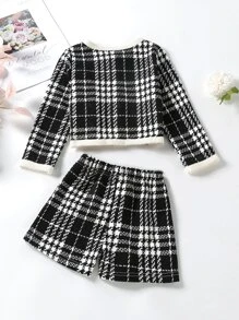 Young Girl Plaid Contrast Binding Jacket & Shorts - Black and White - View 2