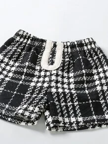 Young Girl Plaid Contrast Binding Jacket & Shorts - Black and White - View 3