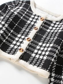 Young Girl Plaid Contrast Binding Jacket & Shorts - Black and White - View 4