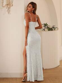 Missord Split Thigh Sequins Cami Prom Dress White Elegant Formal Evening Wedding Guest Gown, For Graduation, Dinner Party Dress - White - View 2