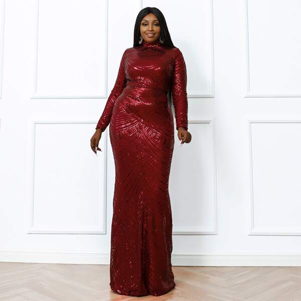 

Plus Mock Neck Zip Front Sequins Prom Dress, Burgundy