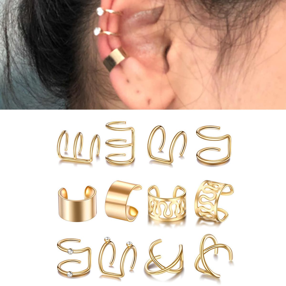 

12pcs Rhinestone Decor Ear Cuff, Gold