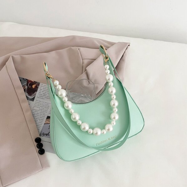 

Faux Pearl Decor Shoulder Bag, Green