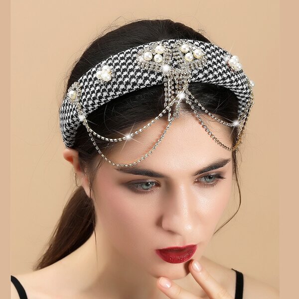 

Rhinestone & Faux Pearl Decor Headband, Black and white