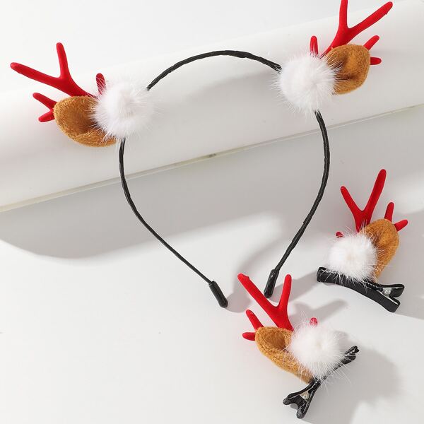 

Christmas Antlers Decor Headband & 2pcs Hair Clip, Multicolor