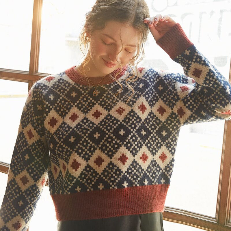 

Argyle Pattern Drop Shoulder Sweater, Navy blue