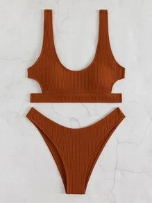 纯色罗纹镂空比基尼套装，适合夏季海滩度假 - 鏽棕色 - 查看 4